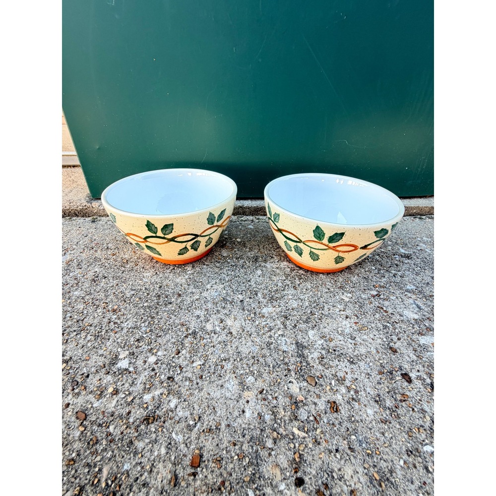 Brushes KIC Handpainted Ivy Leaf Speckled Ceramic Bowls Set of 2 Cream‎ Green